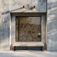 Black clear acrylic signage mockup furniture outdoors window.