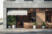 Sign seafood restaurant mockup cafeteria furniture indoors.