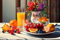 Breakfast table overflowing with colorful fruits and berries orange juice orange juice.