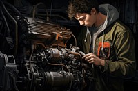 Mechanic working on a classic car engine machine person worker.