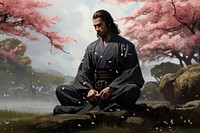 Samurai warrior in a peaceful garden blossom dress clothing.