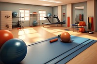 Physical therapy gym filled with various equipment exercise ball basketball.