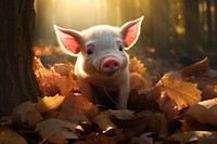 Piglet foraging for acorns in a sun-dappled forest animal mammal plant.