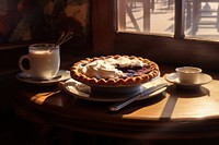 Cappuccino and a slice of freshly baked blueberry pie table fork cup.