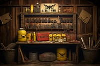 Wooden cabinet in a barn filled with various pest control tools architecture ammunition toolshed.