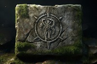 Weathered stone tablet engraved with the symbol for Scorpio person human rock.