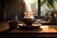 Traditional Japanese coffee brewing ceremony cookware pottery food.
