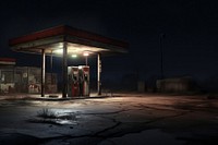 Vintage gas station along a deserted highway at night pump machine person.