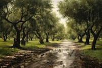 Olive grove glistening with raindrops tree path vegetation.