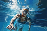 Adaptive athlete swimming laps water recreation underwater.