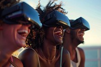 Group of friends laughing together while wearing VR headsets accessories vr headset accessory.