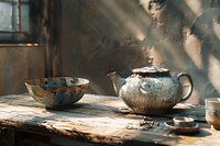Rustic wabi-sabi tea ceremony setting table bowl pot.