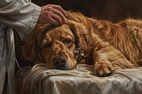 Veterinarian with a stethoscope gently listening to a heartbeat of a golden retriever animal canine mammal.
