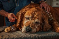 Veterinarian with a stethoscope gently listening to a heartbeat of a golden retriever wristwatch clothing apparel.