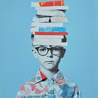 Photo collage of children boy portrait glasses book.