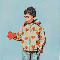 Photo collage of kid doing heart hand clothing apparel person.