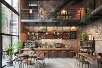 Modern cafe design interior furniture painting plant.