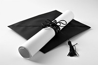 Rolled diploma with graduation cap letterbox document clothing.