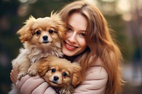 Young woman with two dogs portrait female happy.