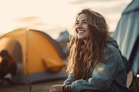 Peace and serenity photo of female camping happy smile.