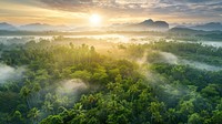 Jungle at sunrise rainforest tree aerial view.