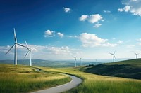 Panoramic view of wind farm or wind park outdoors windmill machine.