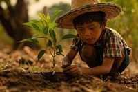 Mexican little kid plant gardening outdoors.