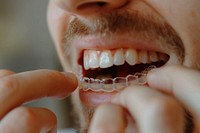 Man take off invisalign from teeth person mouth human.