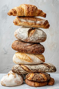 Stack of differnt kind of breads including croissant sourdough baguette weaponry food mortar shell.
