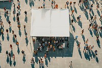 Crowded people walking entrance contruction with close up blank white tent roof and blank white sign in front of tent roof outdoors architecture building.