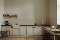 English vintage kitchen with offwhite wall furniture appliance indoors.