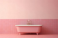 Mid-century bathtub with pink pastel color tiles bathing person human.