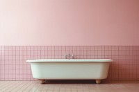 Mid-century bathtub with pink pastel color tiles bathing jacuzzi person.
