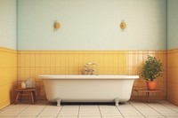 Mid-century bathtub with yellow pastel color tiles bathing indoors person.