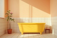 Mid-century bathtub with yellow pastel color tiles furniture bathing indoors.