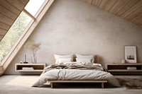 Scandinavian bedroom in the sloped roof architecture furniture building.