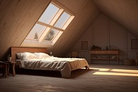Scandinavian bedroom in the sloped roof architecture furniture building.