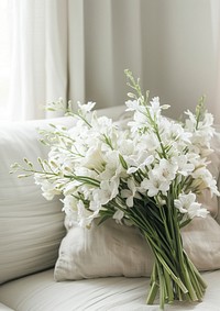 Blank white label flower bouquet mockup furniture cushion blossom.