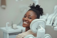 Black woman smile sitting on dentist chair female person adult.
