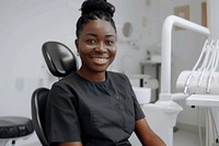 Black woman smile sitting on dentist chair person human head.