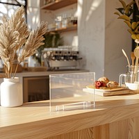 Clear acrylic counter stand mockup wood windowsill furniture.