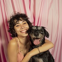 Latin short hair girl having fun pose with dog in photobooth snap shot photography accessories accessory.