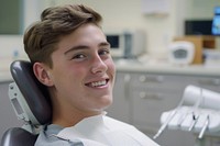 Man smile with braces sitting on dentist chair cushion person human.