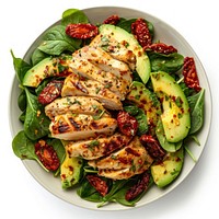 Grilled Chicken Sun Dried Tomato and Avocado Spinach Salad vegetable platter produce.