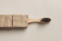 Wooden toothbrush with craft plain package box with fabric label mockup device tool.