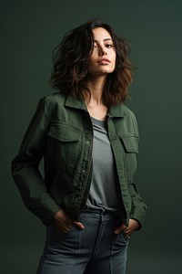 Woman wearing dark green jacket and gray jeans photo photography handcuffs.