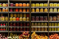 A display of canned food in the grocery store shelf aluminium indoors.