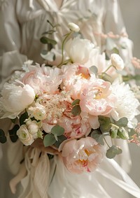 A photo of an eucalyptus and pink peony flower bouquet rose graphics blossom.