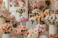 An elegant flower shop with vases filled to the brim graphics blossom pattern.
