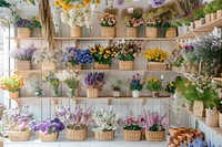 Photo of the inside wall of an organic flower store blossom plant flower arrangement.
